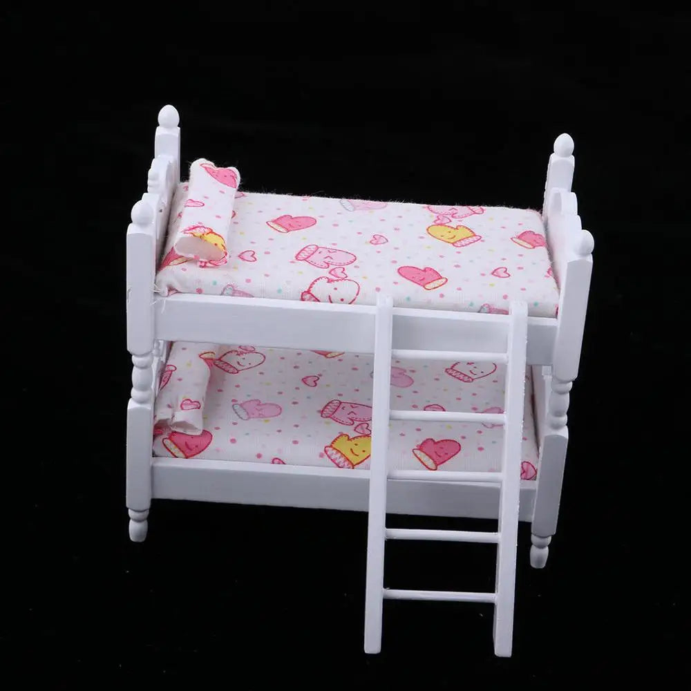 1:12 Scale Miniature Dollhouse Wooden Bunk Bed With Ladder For Bedroom Accessories