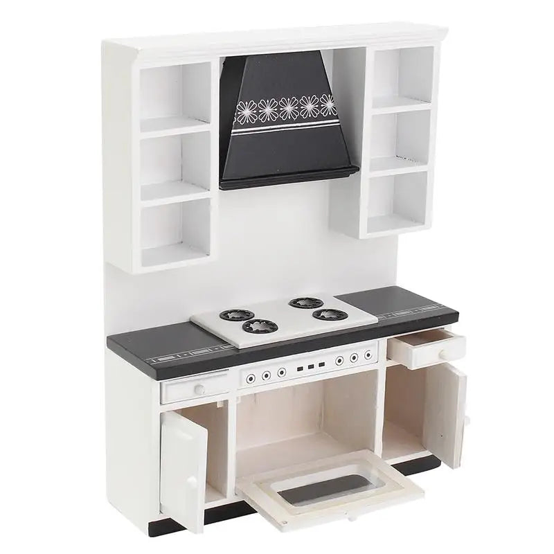 1:12 Scale Miniature Dollhouse Kitchen Cabinet Set Wooden Basin Stove Counter Doll Accessories Tiny House Miniature Furniture