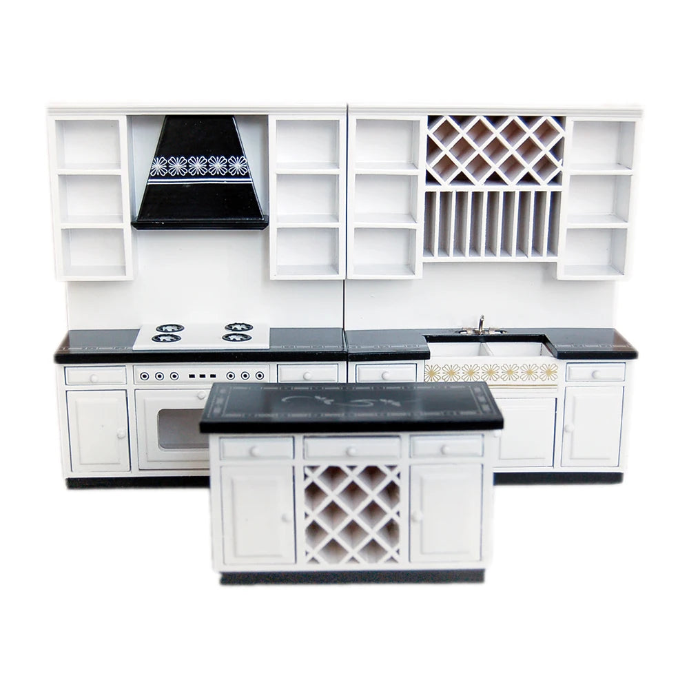 1:12 Scale Miniature Dollhouse Kitchen Cabinet Set Wooden Basin Stove Counter Doll Accessories Tiny House Miniature Furniture