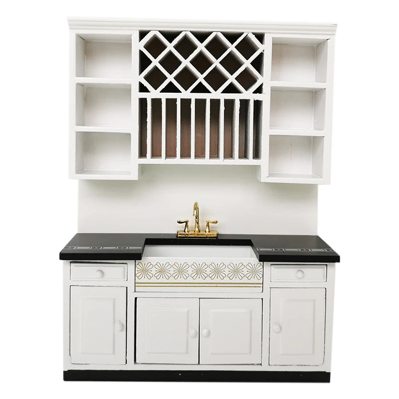 1:12 Scale Miniature Dollhouse Kitchen Cabinet Set Wooden Basin Stove Counter Doll Accessories Tiny House Miniature Furniture