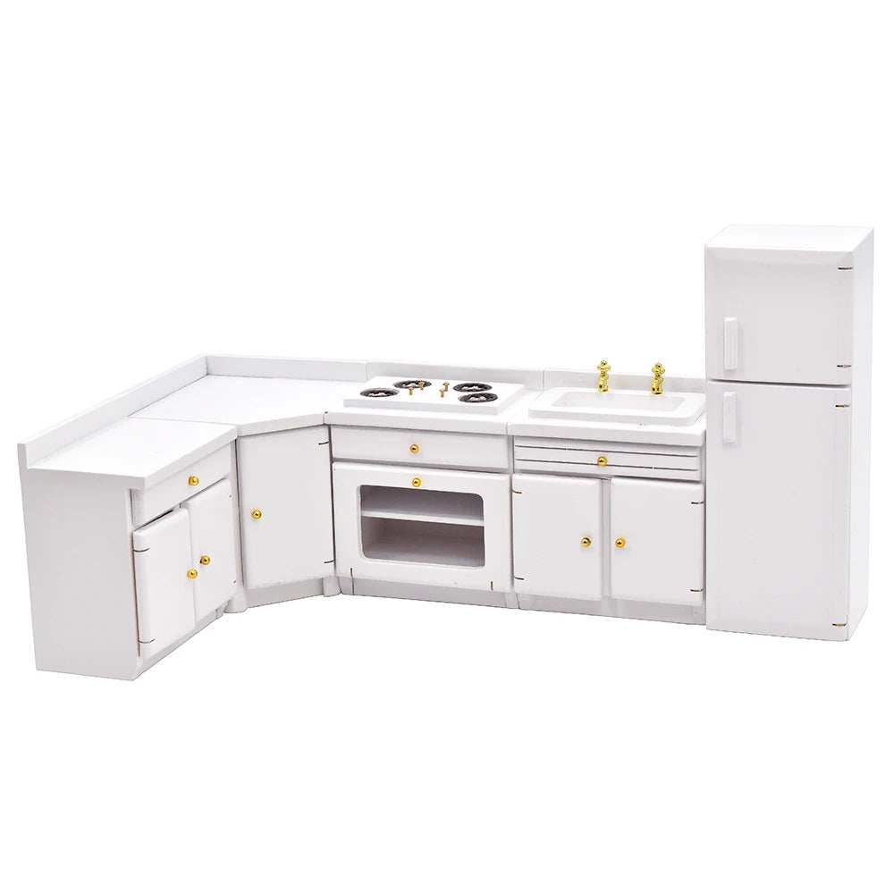 1:12 Scale Miniature Kitchen Furniture Set White Counter Stove Cabinet Fridge For Dollhouse Accessories