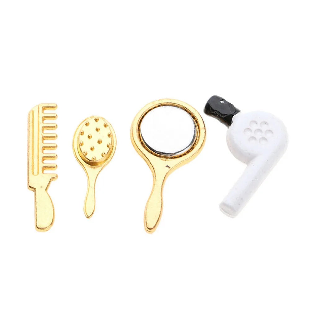 1:12 Scale Miniature Hairdressing Tools Cosmetic Products Mirror Comb Hairdryer For Dollhouse Room Decoration