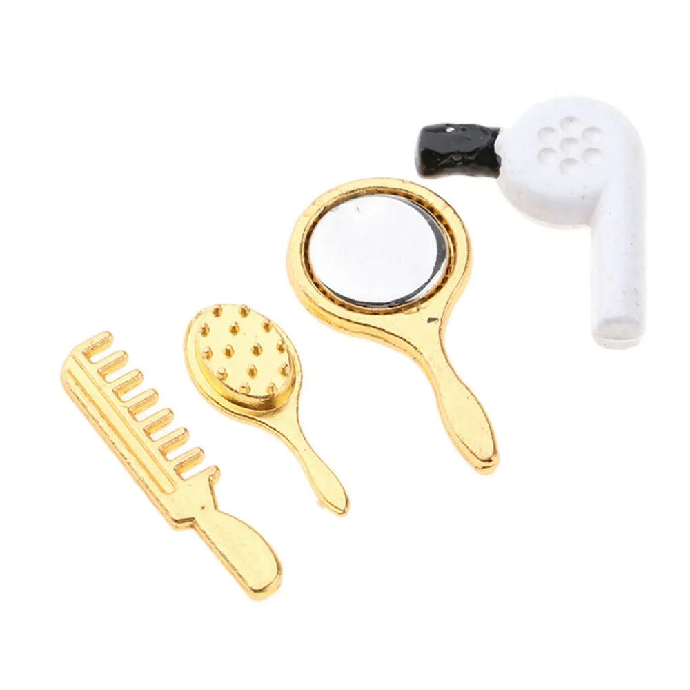 1:12 Scale Miniature Hairdressing Tools Cosmetic Products Mirror Comb Hairdryer For Dollhouse Room Decoration