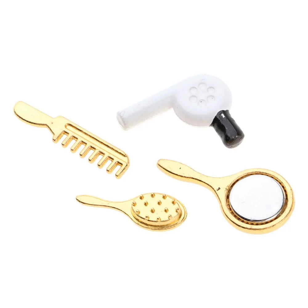 1:12 Scale Miniature Hairdressing Tools Cosmetic Products Mirror Comb Hairdryer For Dollhouse Room Decoration