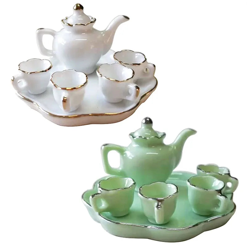 1:12 Scale Miniature Porcelain Tea Set With Tray Cups Mugs Coffee Pot Dishes Dollhouse Kitchen Accessories