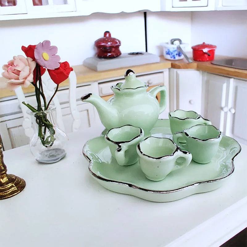 1:12 Scale Miniature Porcelain Tea Set With Tray Cups Mugs Coffee Pot Dishes Dollhouse Kitchen Accessories