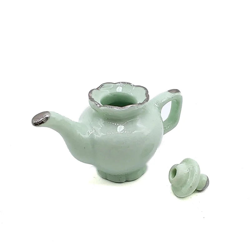 1:12 Scale Miniature Porcelain Tea Set With Tray Cups Mugs Coffee Pot Dishes Dollhouse Kitchen Accessories