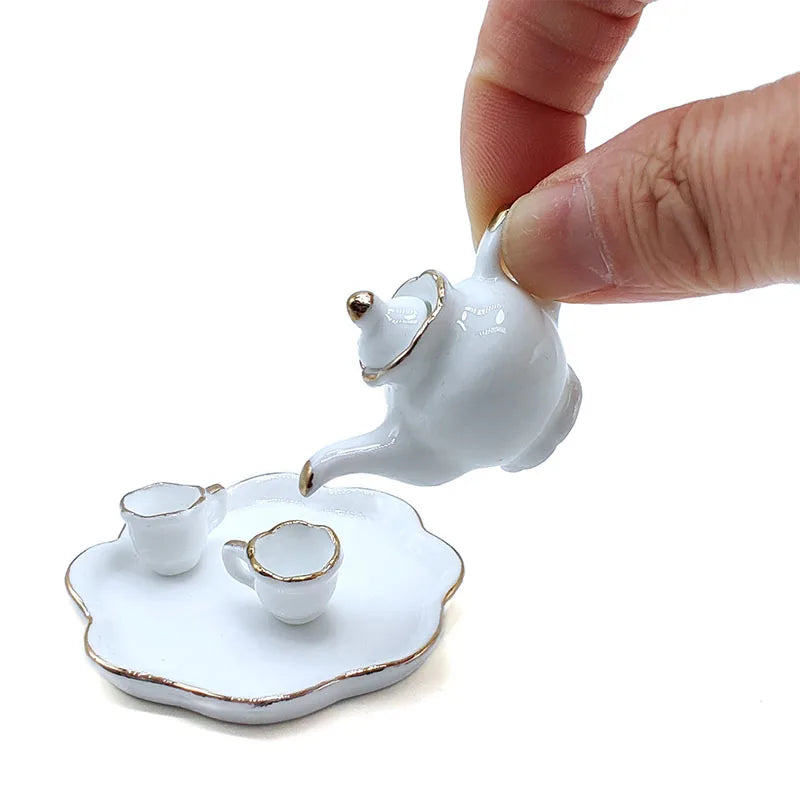 1:12 Scale Miniature Porcelain Tea Set With Tray Cups Mugs Coffee Pot Dishes Dollhouse Kitchen Accessories