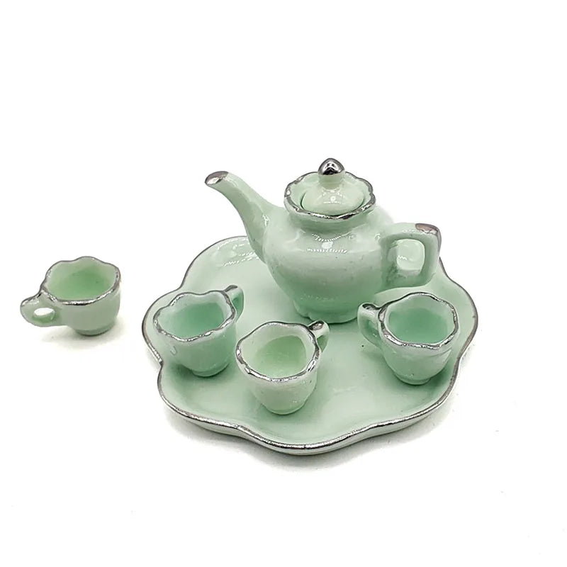1:12 Scale Miniature Porcelain Tea Set With Tray Cups Mugs Coffee Pot Dishes Dollhouse Kitchen Accessories