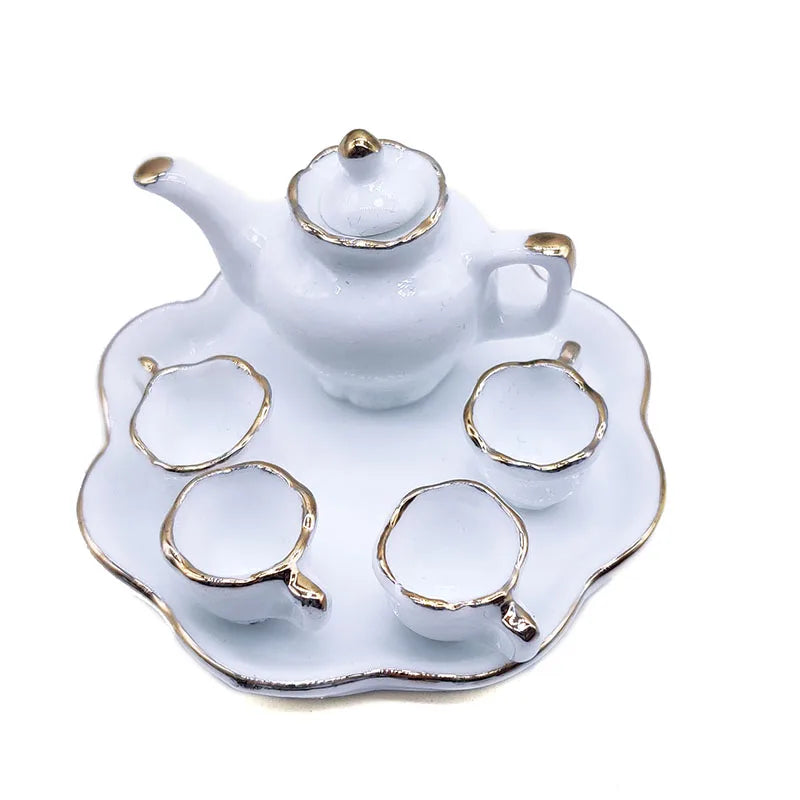 1:12 Scale Miniature Porcelain Tea Set With Tray Cups Mugs Coffee Pot Dishes Dollhouse Kitchen Accessories