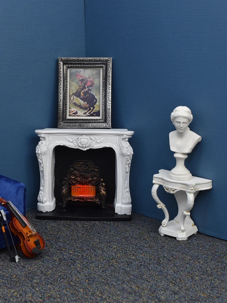 1:12 Scale Miniature Fireplace With Light Mini Furniture For Dollhouse Accessories Resin Simulation Model Christmas Gift
