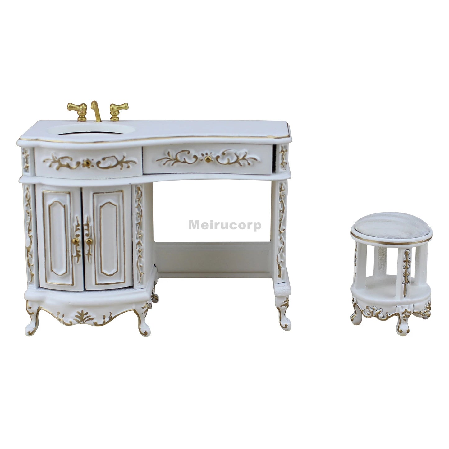 1:12 Scale Miniature White Wooden Bathroom Vanity and Stool Set for Dollhouse