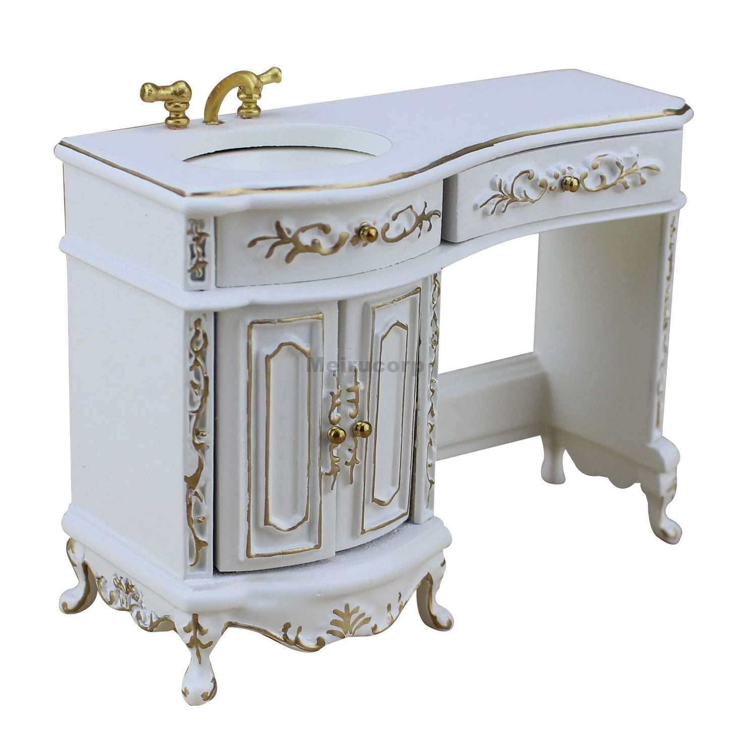 1:12 Scale Miniature White Wooden Bathroom Vanity and Stool Set for Dollhouse