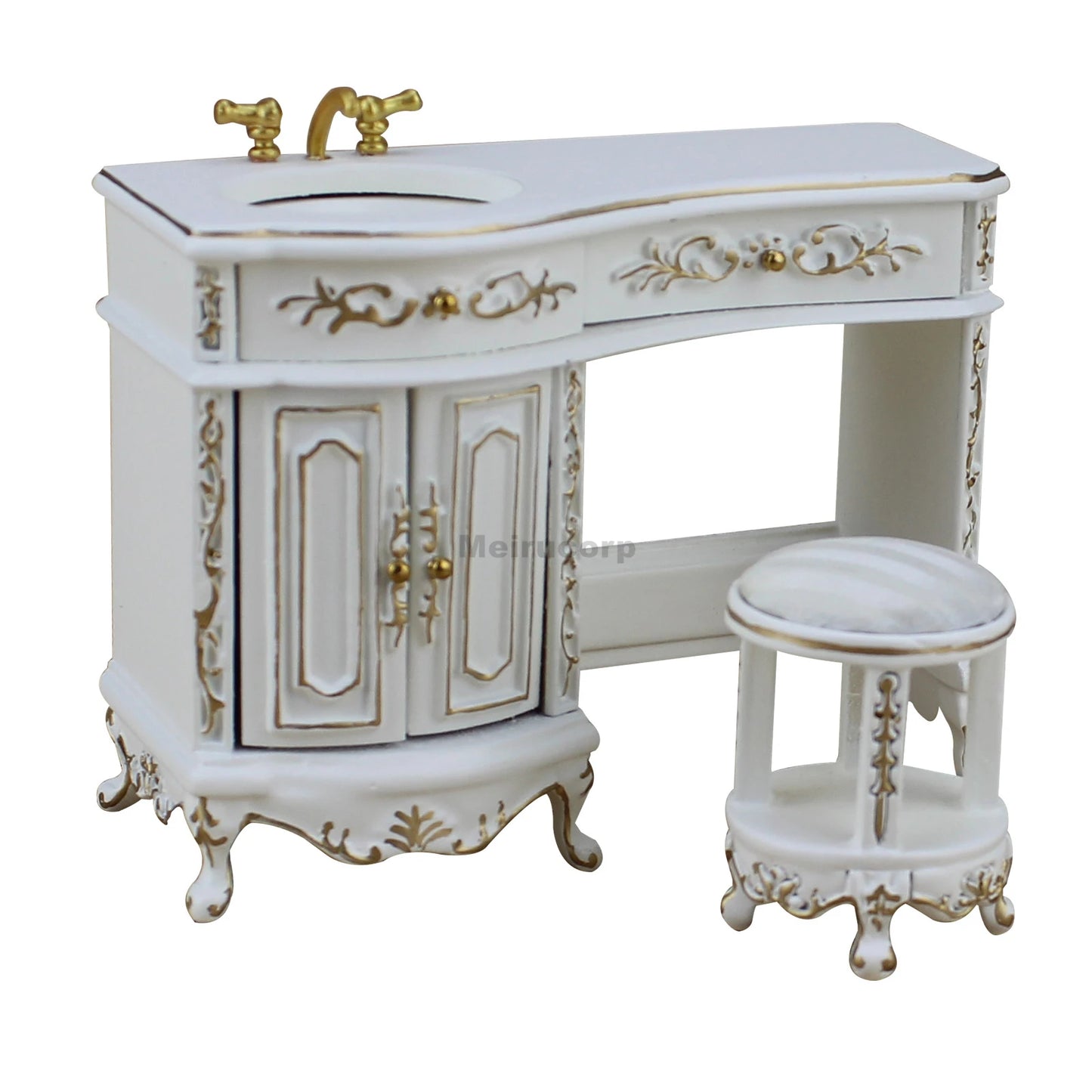 1:12 Scale Miniature White Wooden Bathroom Vanity and Stool Set for Dollhouse