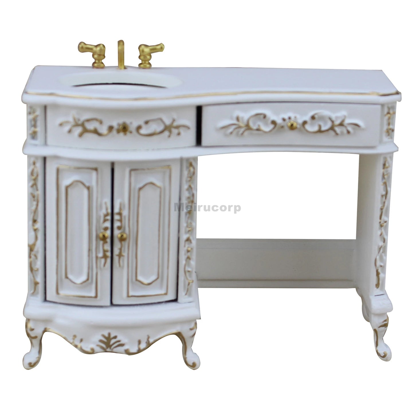 1:12 Scale Miniature White Wooden Bathroom Vanity and Stool Set for Dollhouse