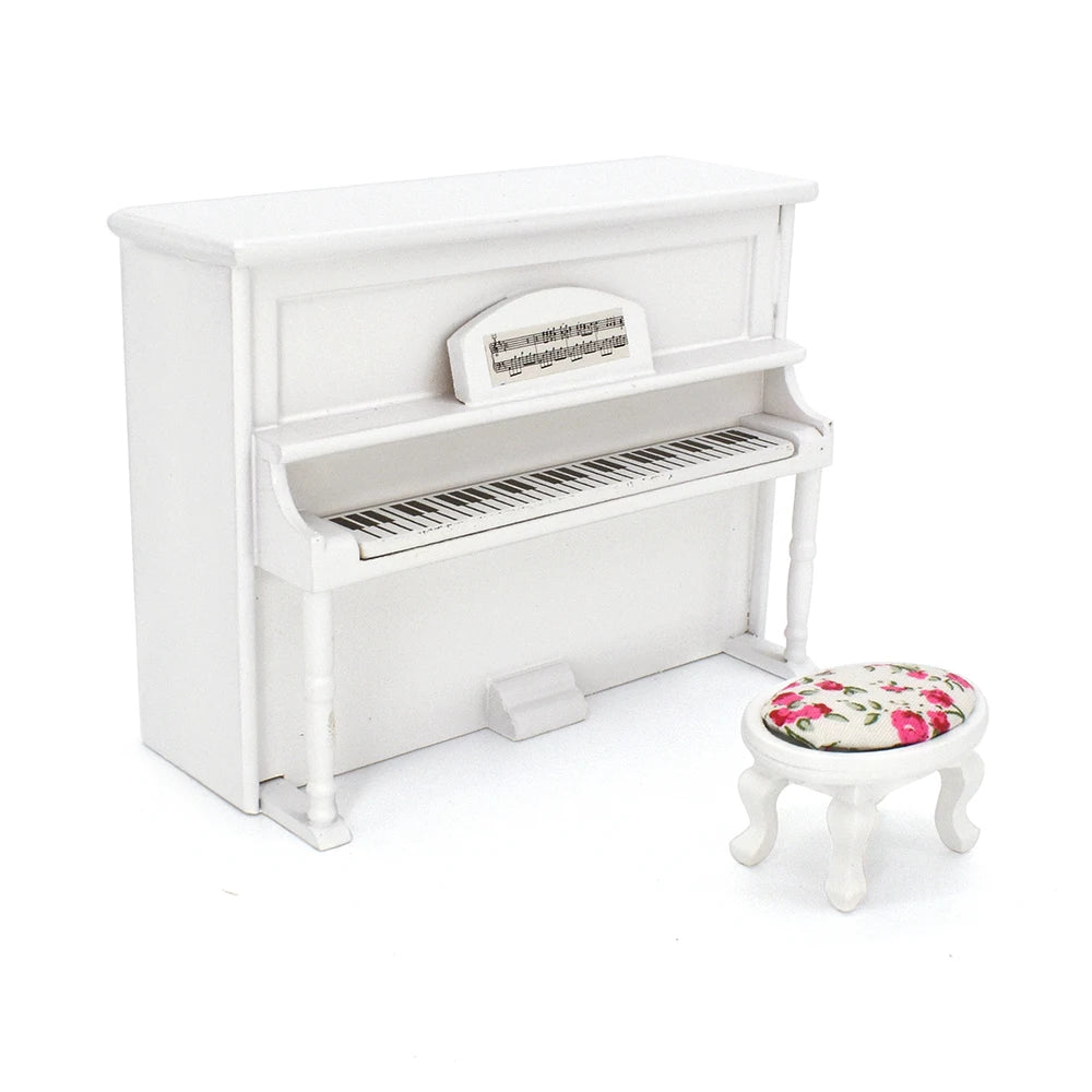 1:12 Scale Miniature White Piano And Stool Set For Dollhouse Music Room Miniature Furniture Accessories