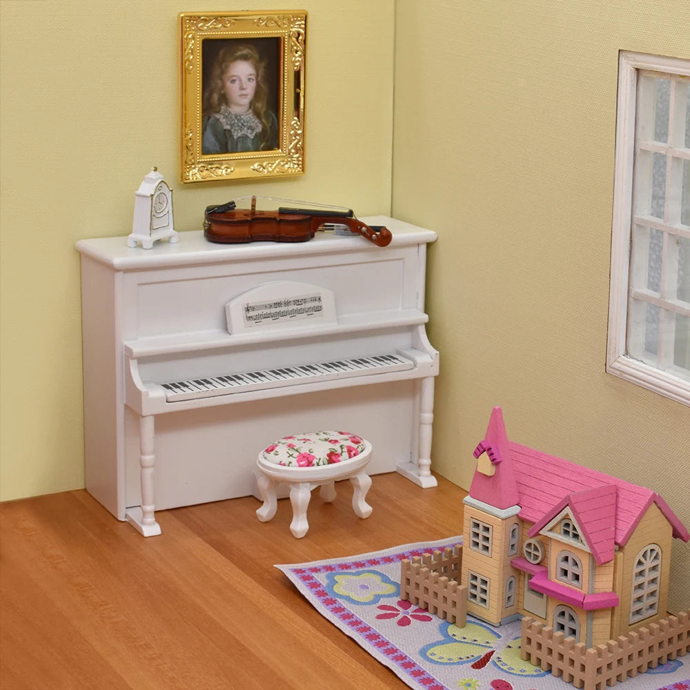 1:12 Scale Miniature White Piano And Stool Set For Dollhouse Music Room Miniature Furniture Accessories