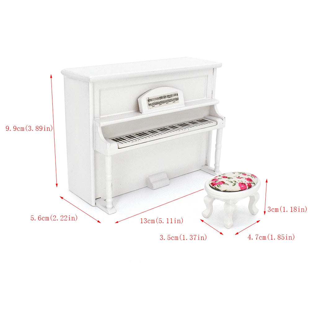1:12 Scale Miniature White Piano And Stool Set For Dollhouse Music Room Miniature Furniture Accessories