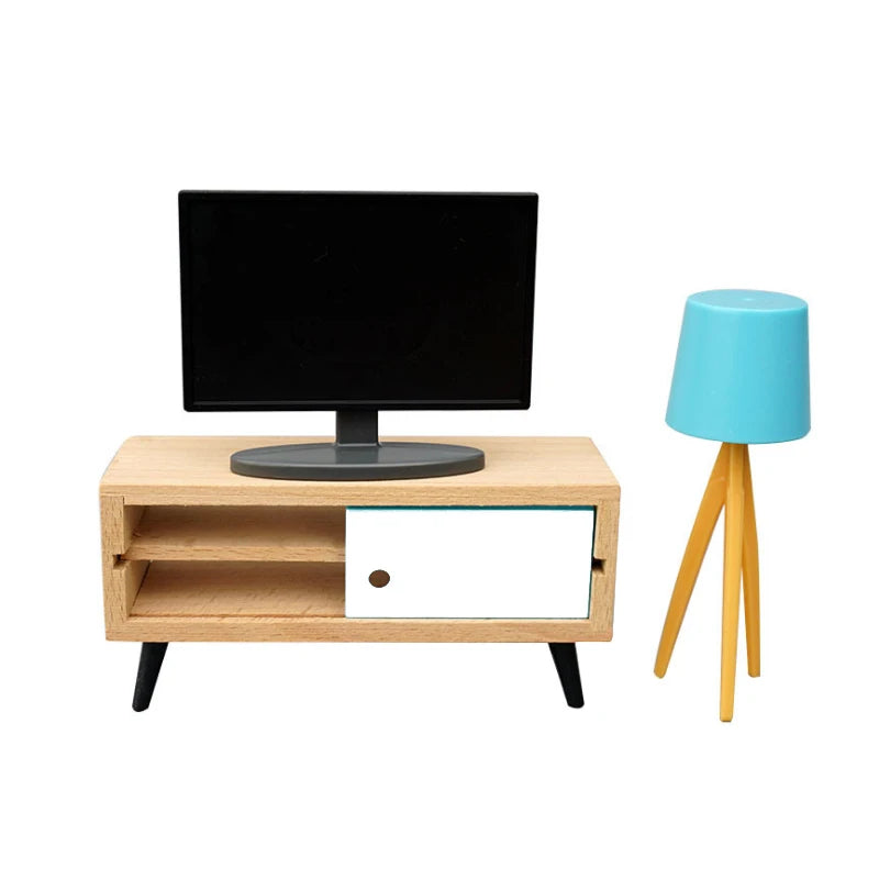 1:12 Scale Miniature TV Stand Bench Table Floor Lamp Set For Dollhouse Living Room Decor
