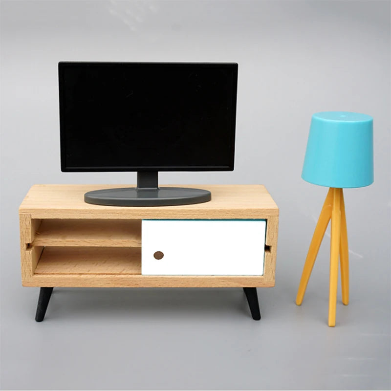 1:12 Scale Miniature TV Stand Bench Table Floor Lamp Set For Dollhouse Living Room Decor