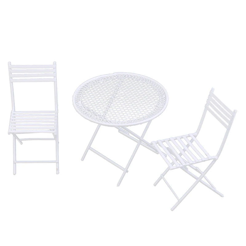 1:12 Scale Miniature White Iron Patio Table With 2 Chairs Leisure Dollhouse Furniture For Living Room Garden Play Room