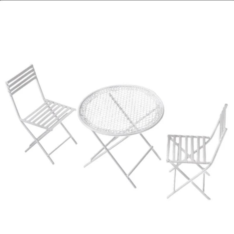 1:12 Scale Miniature White Iron Patio Table With 2 Chairs Leisure Dollhouse Furniture For Living Room Garden Play Room