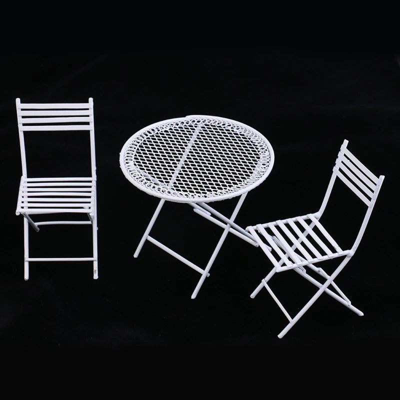 1:12 Scale Miniature White Iron Patio Table With 2 Chairs Leisure Dollhouse Furniture For Living Room Garden Play Room