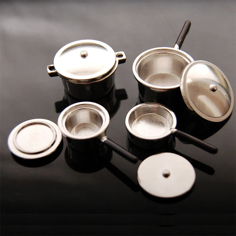 1:12 Scale Miniature Metal Pots And Pans Dinnerware Cook Set For Dollhouse Kitchen Room Decor