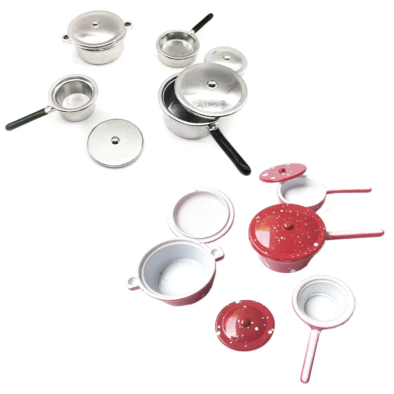1:12 Scale Miniature Metal Pots And Pans Dinnerware Cook Set For Dollhouse Kitchen Room Decor