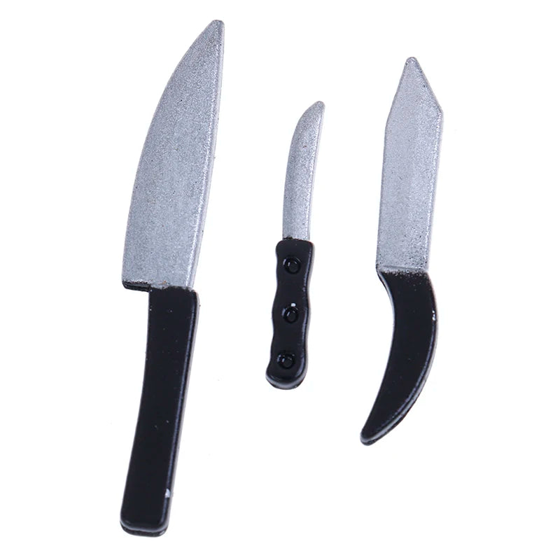 Juego de cuchillos de cocina para casa de muñecas a escala 1:12: 3 utensilios de cocina en miniatura para cocinas en miniatura