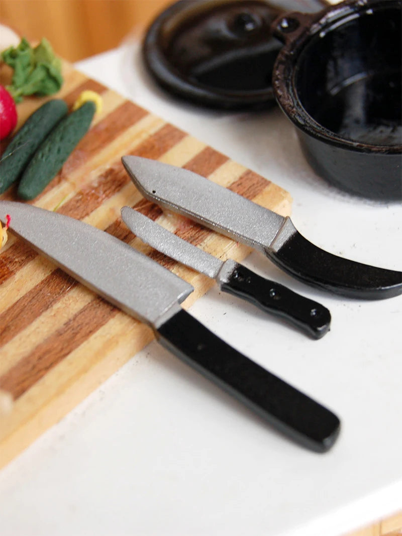 Juego de cuchillos de cocina para casa de muñecas a escala 1:12: 3 utensilios de cocina en miniatura para cocinas en miniatura