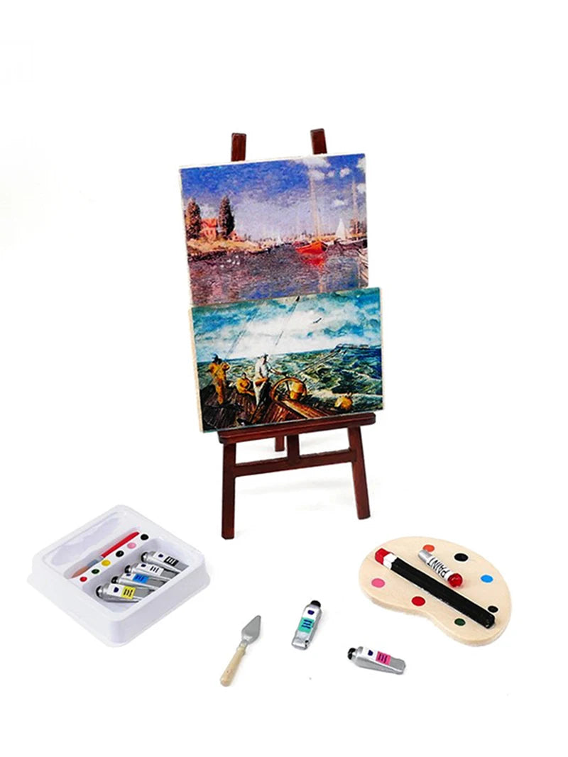 Paleta de pintura y pincel para artistas en miniatura a escala 1:12, accesorio para casa de muñecas