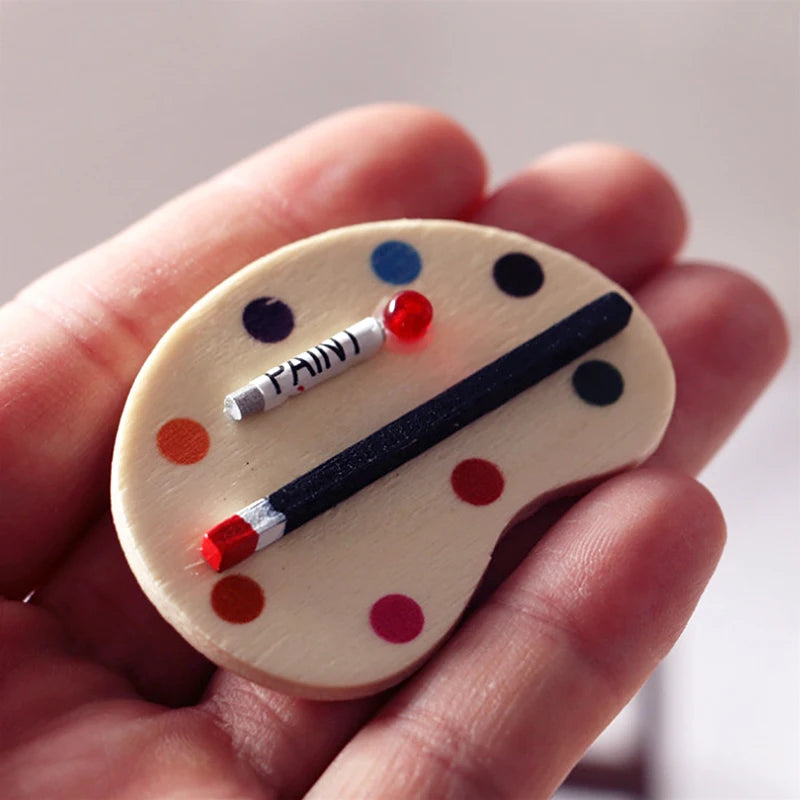 Paleta de pintura y pincel para artistas en miniatura a escala 1:12, accesorio para casa de muñecas