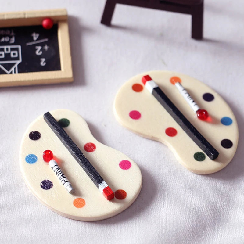 Paleta de pintura y pincel para artistas en miniatura a escala 1:12, accesorio para casa de muñecas