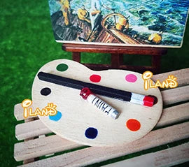 Paleta de pintura y pincel para artistas en miniatura a escala 1:12, accesorio para casa de muñecas