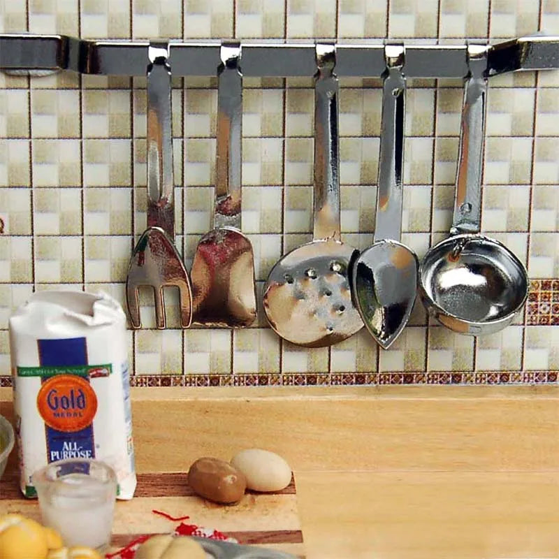 1:12 Scale Miniature Kitchen Utensils Set Cooking Tools Shovel Soup Spoon Storage Holder For Dollhouse Decor Accessories
