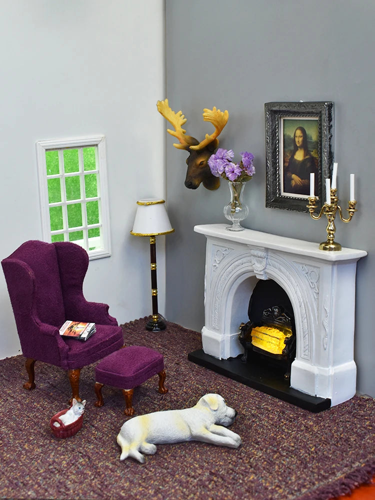 1:12 Scale Miniature Fireplace With Light Resin Simulation Model For Dollhouse Accessories Living Room Decor