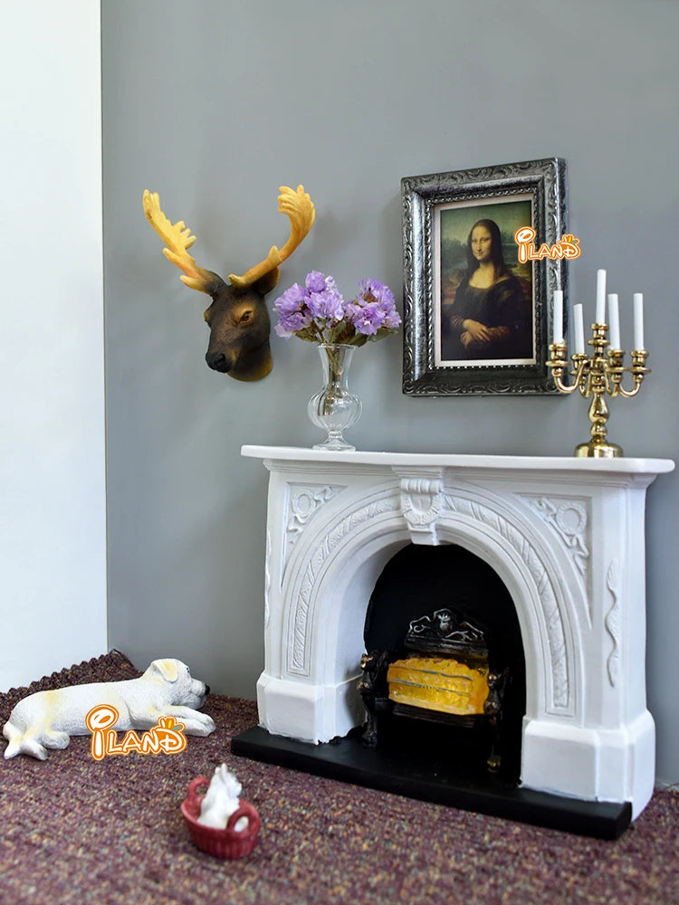 1:12 Scale Miniature Fireplace With Light Resin Simulation Model For Dollhouse Accessories Living Room Decor