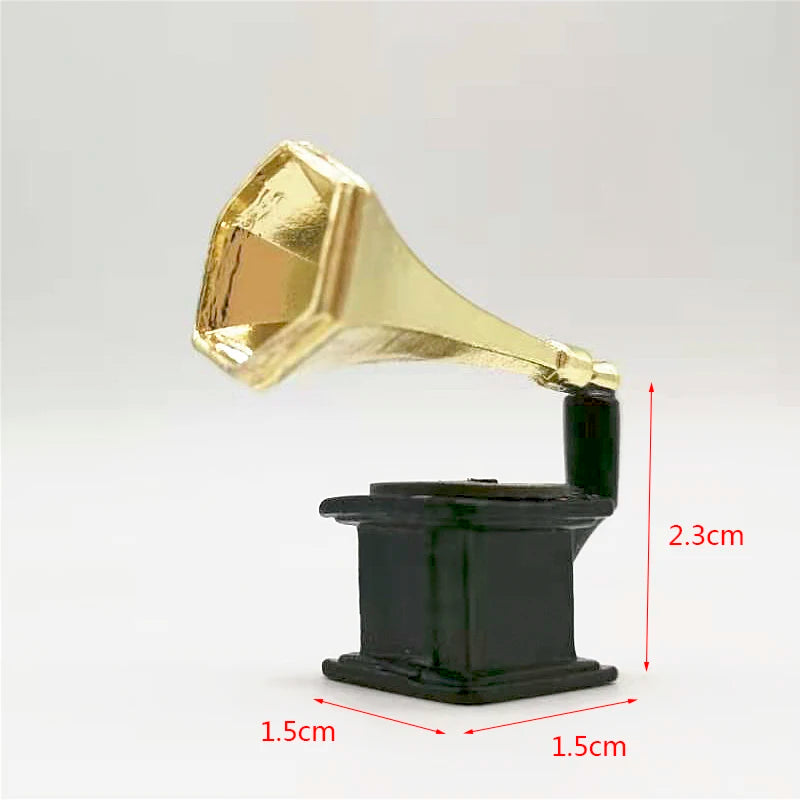 Gramófono de metal en miniatura a escala 1:12, accesorio para casa de muñecas en miniatura.