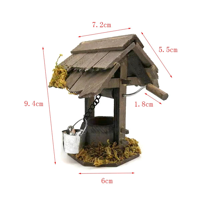 1:12 Scale Miniature Wooden Wheeled Well For Dollhouse Courtyard Garden Decor