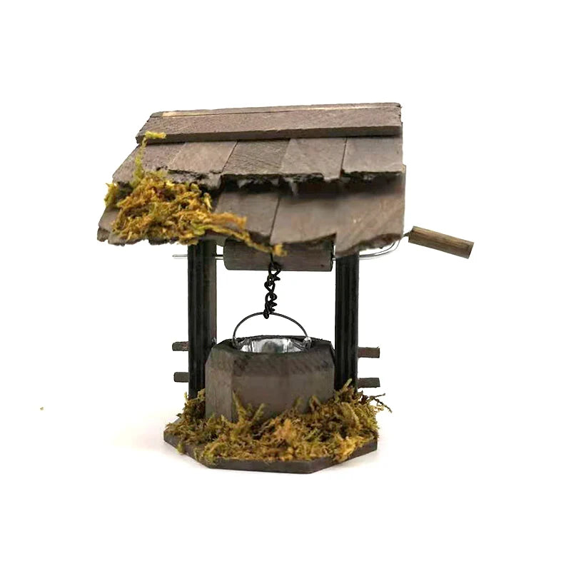 1:12 Scale Miniature Wooden Wheeled Well For Dollhouse Courtyard Garden Decor