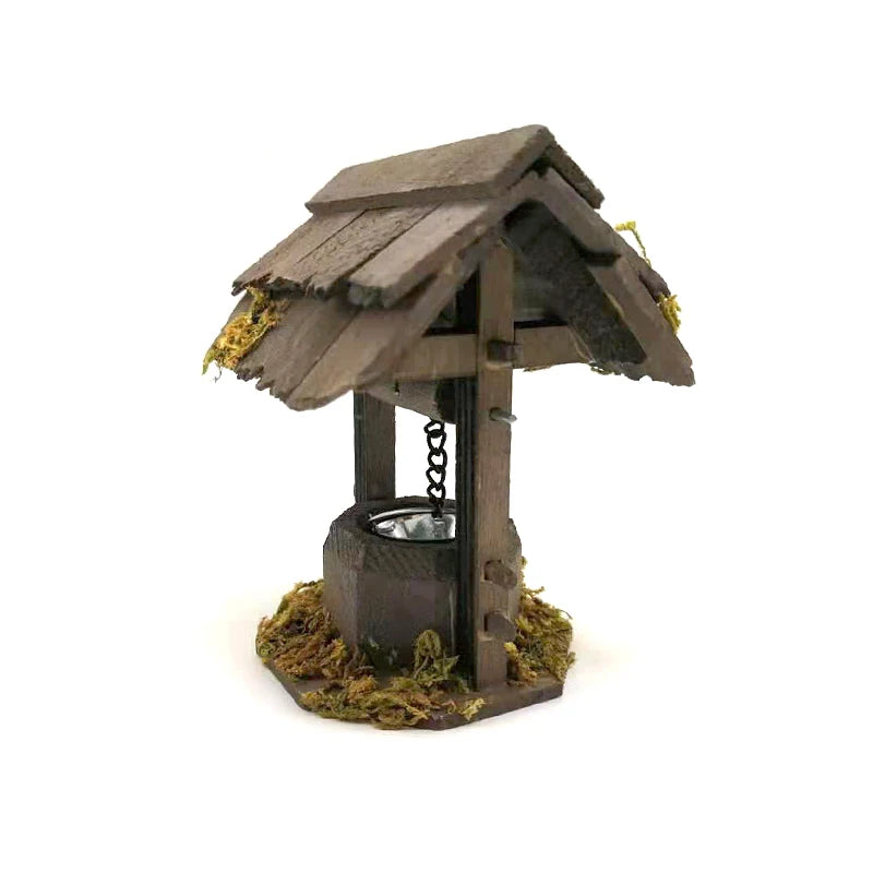 1:12 Scale Miniature Wooden Wheeled Well For Dollhouse Courtyard Garden Decor