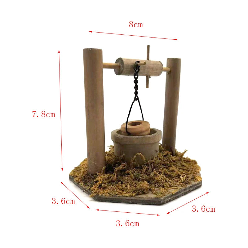 1:12 Scale Miniature Wooden Wheeled Well For Dollhouse Courtyard Garden Decor