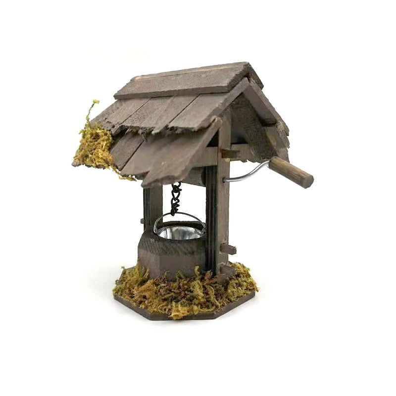 1:12 Scale Miniature Wooden Wheeled Well For Dollhouse Courtyard Garden Decor