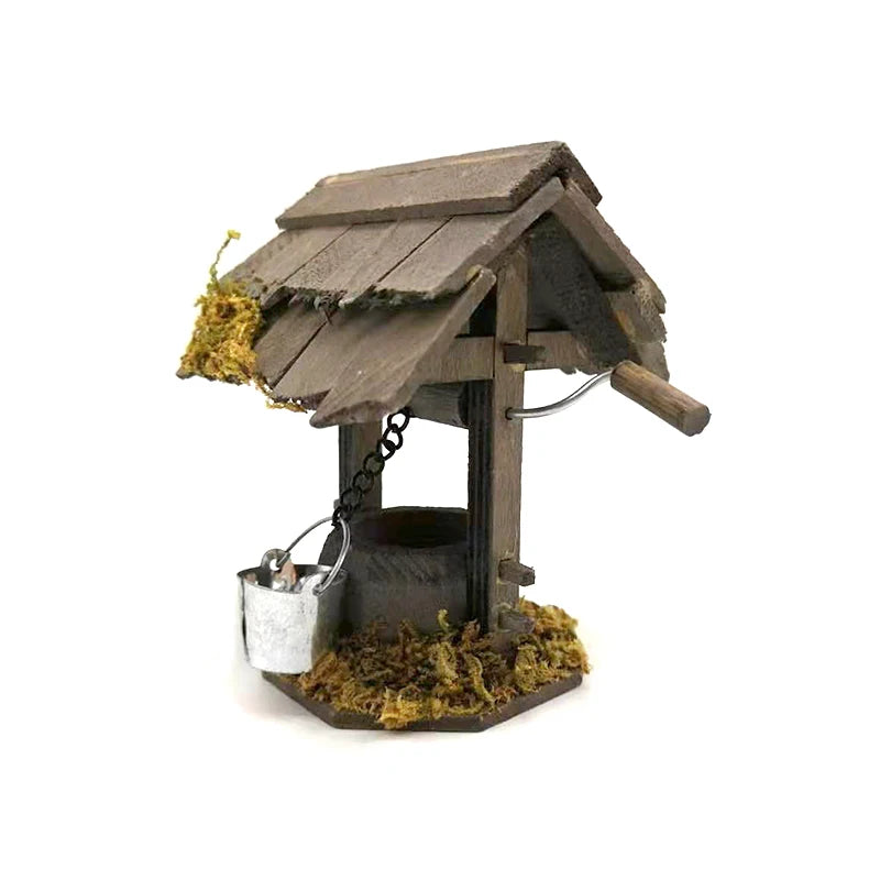 1:12 Scale Miniature Wooden Wheeled Well For Dollhouse Courtyard Garden Decor