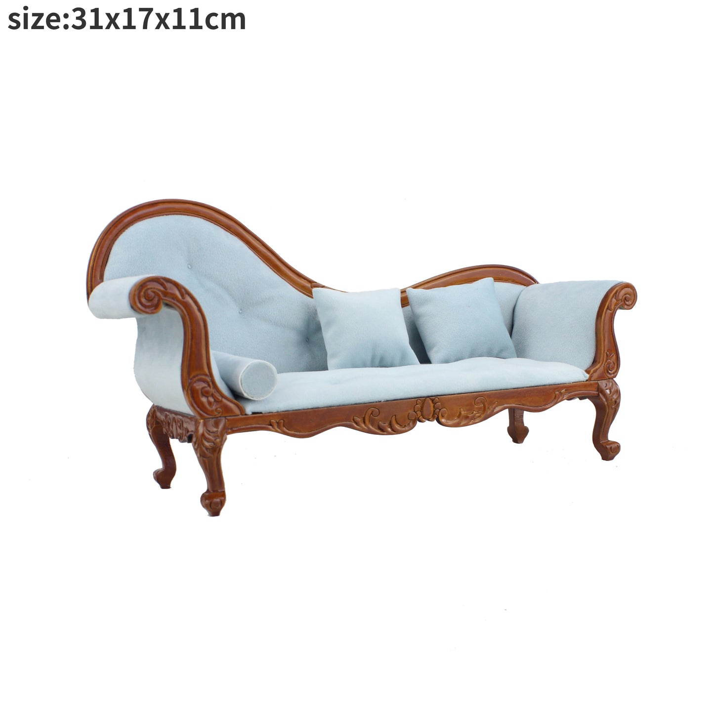 Sofá en miniatura a escala 1:12 y 1:6 con bonitas almohadas, muebles de simulación para sala de estar de casa de muñecas. Modelo de casa de muñecas en miniatura.