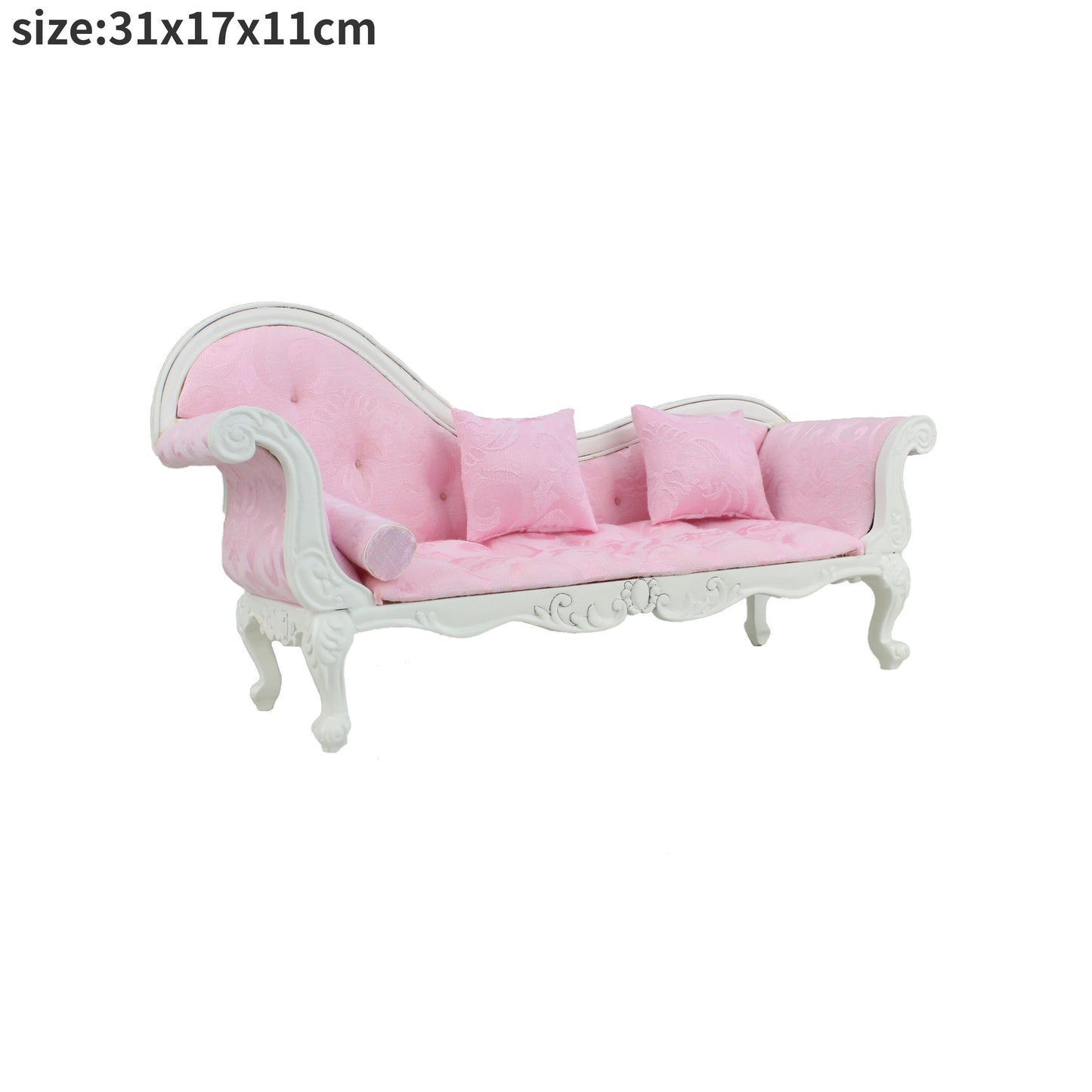 Sofá en miniatura a escala 1:12 y 1:6 con bonitas almohadas, muebles de simulación para sala de estar de casa de muñecas. Modelo de casa de muñecas en miniatura.