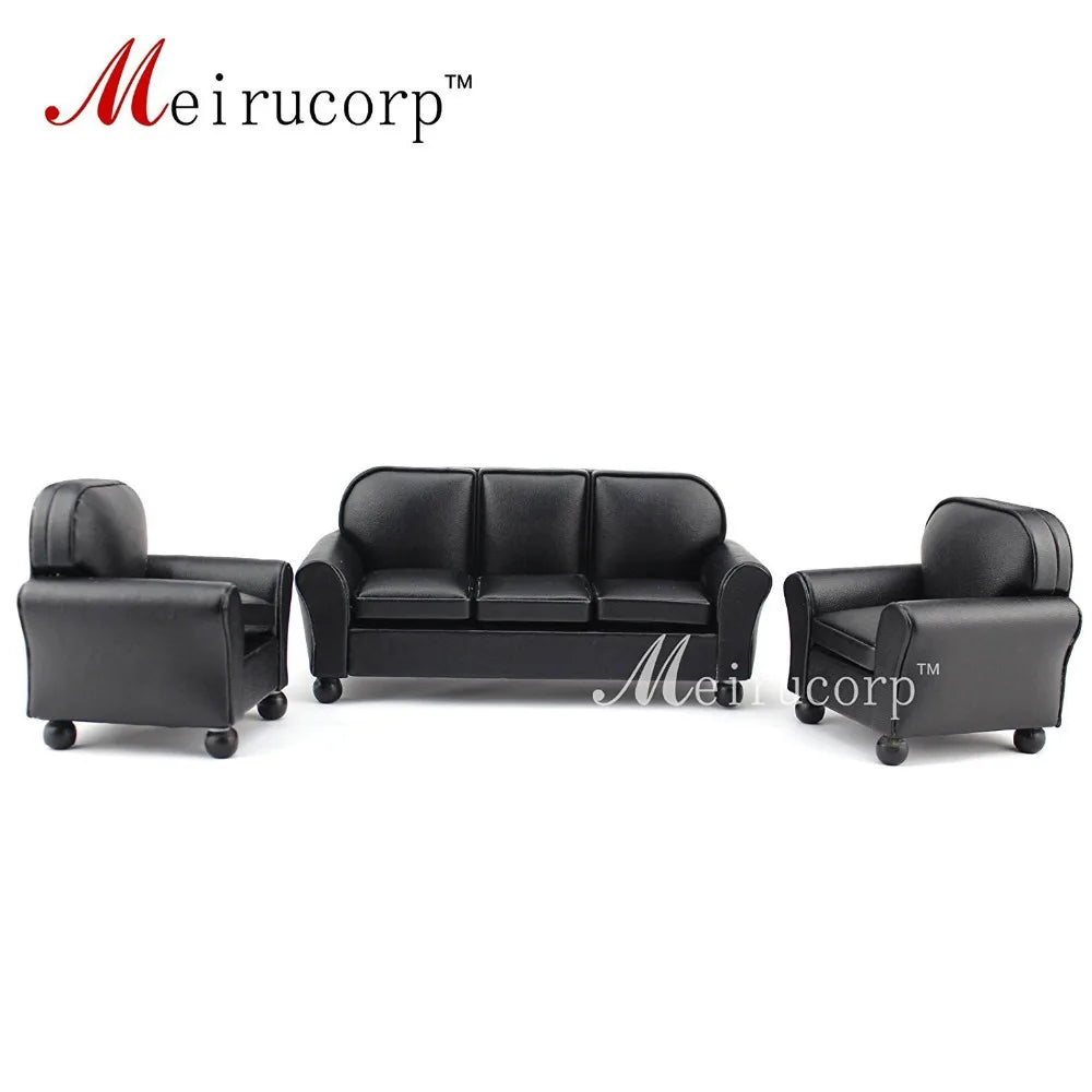 Juego de 3 sofás y sillas de cuero negro en miniatura a escala 1:12 para casa de muñecas, muebles de salón.