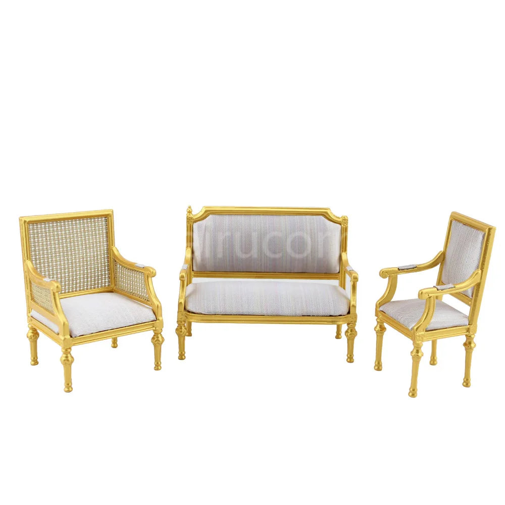 Sillón dorado de lujo para casa de muñecas a escala 1:12, muebles en miniatura para sala de estar
