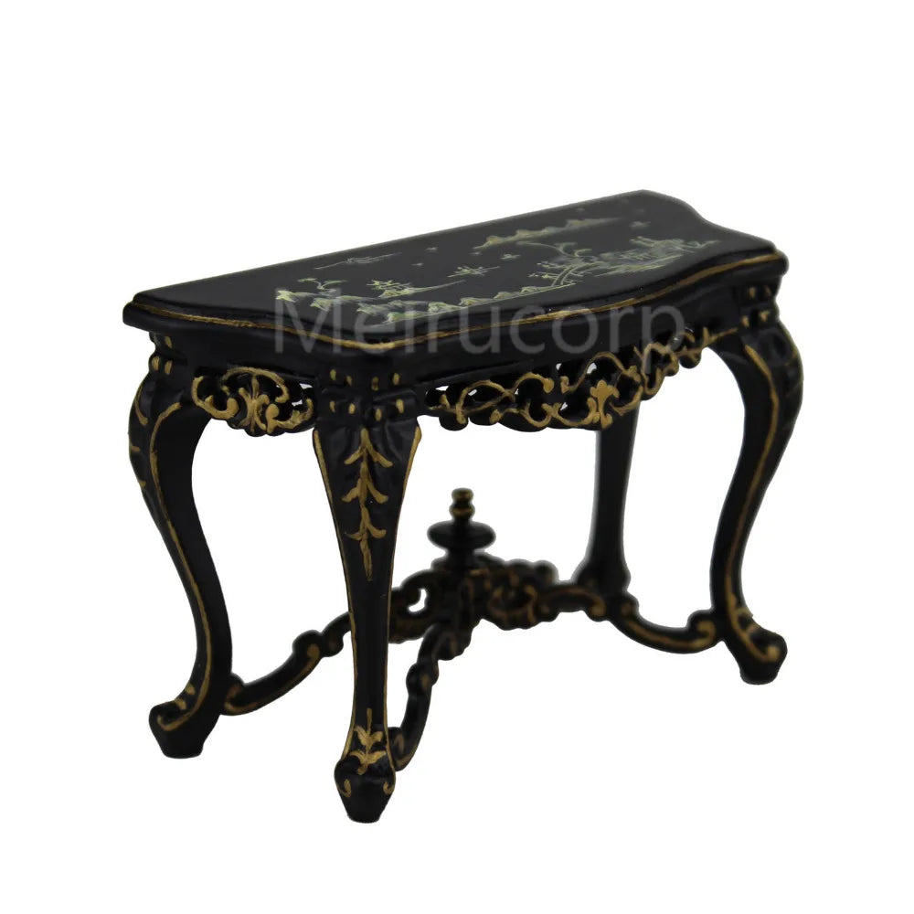 Mesa auxiliar de mano bien pintada de negro a escala 1:12, muebles de casa de muñecas en miniatura